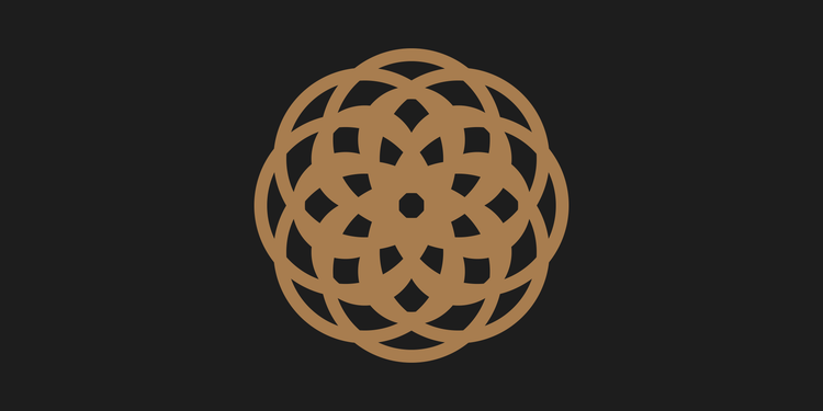 A circular geometric pattern made of interlocking loops, forming a symmetrical, flower-like shape on a dark background.